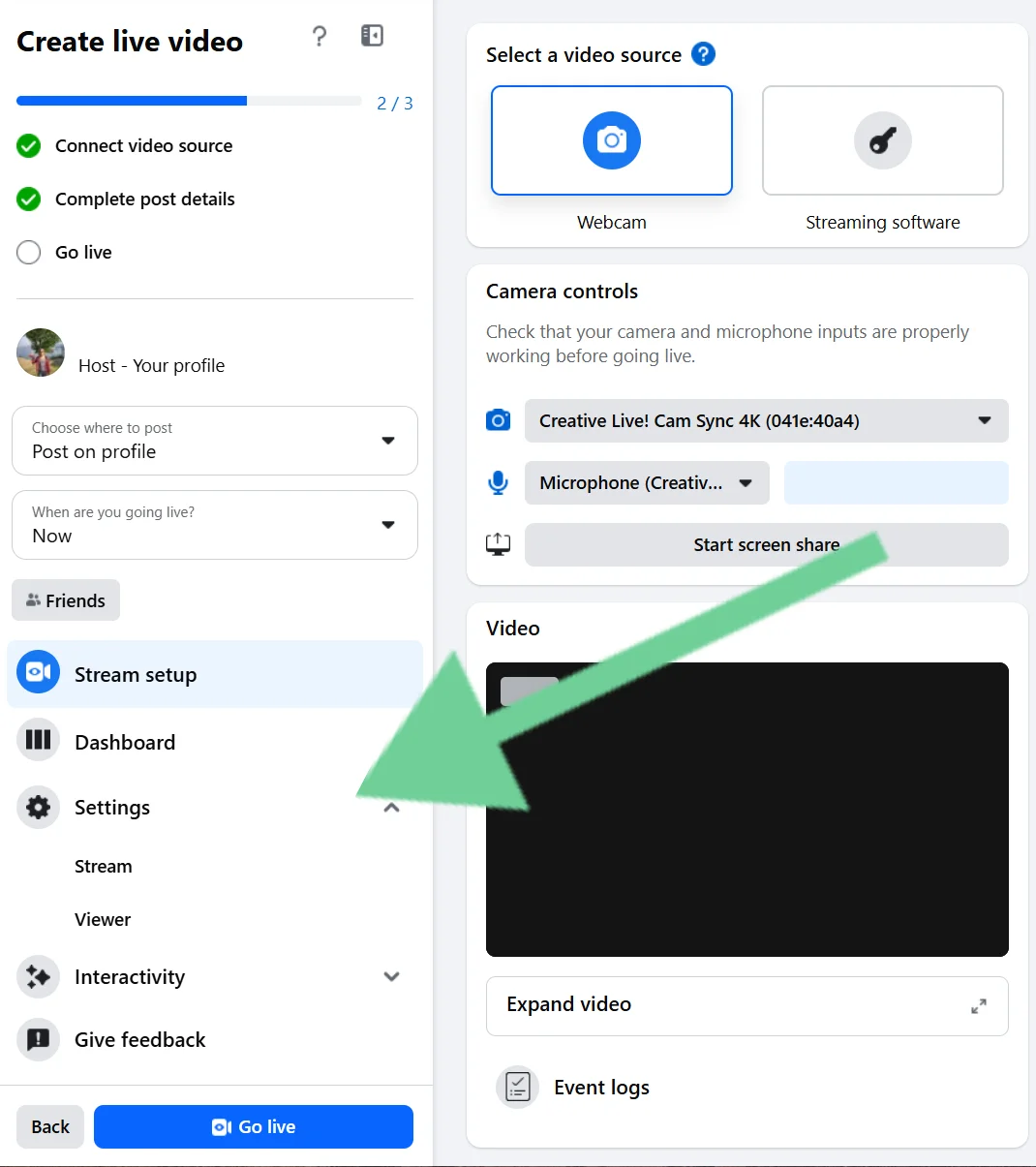 Facebook Live checking settings