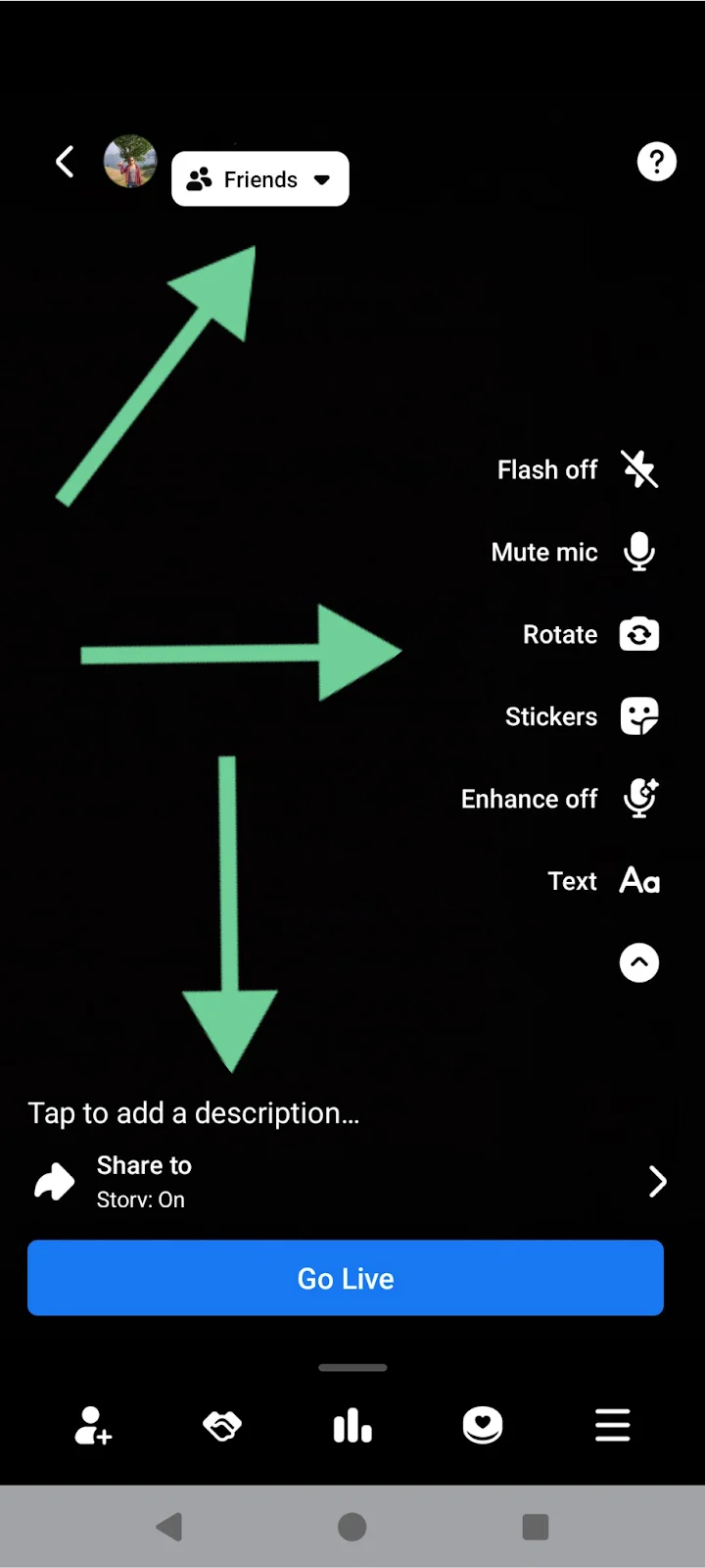 Facebook Live app setting up a live