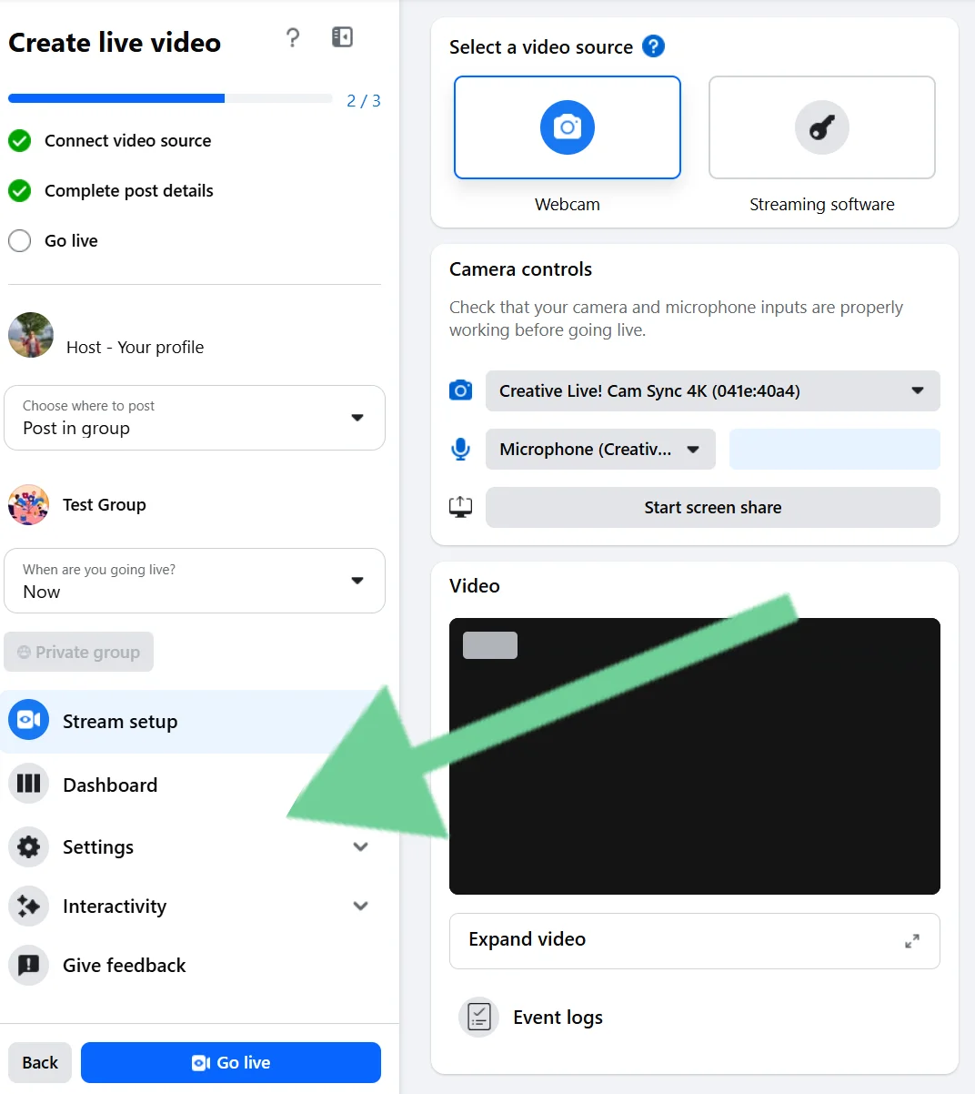 Facebook Live settings