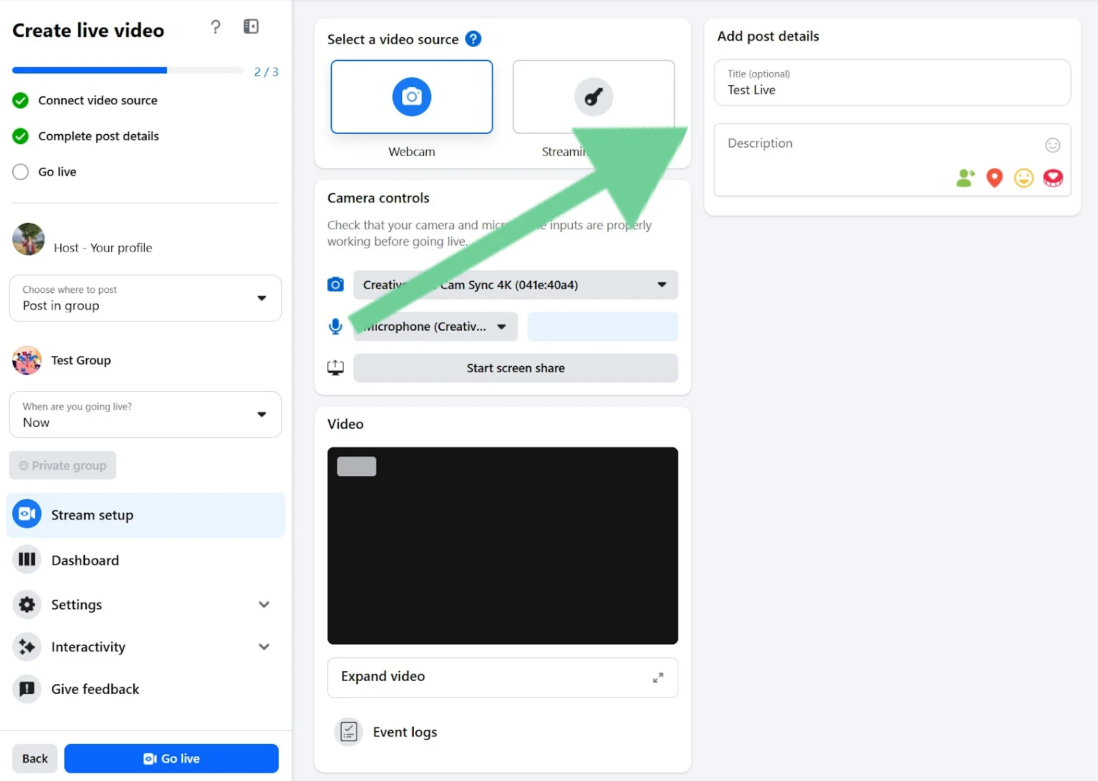 Facebook Live adding a title and description