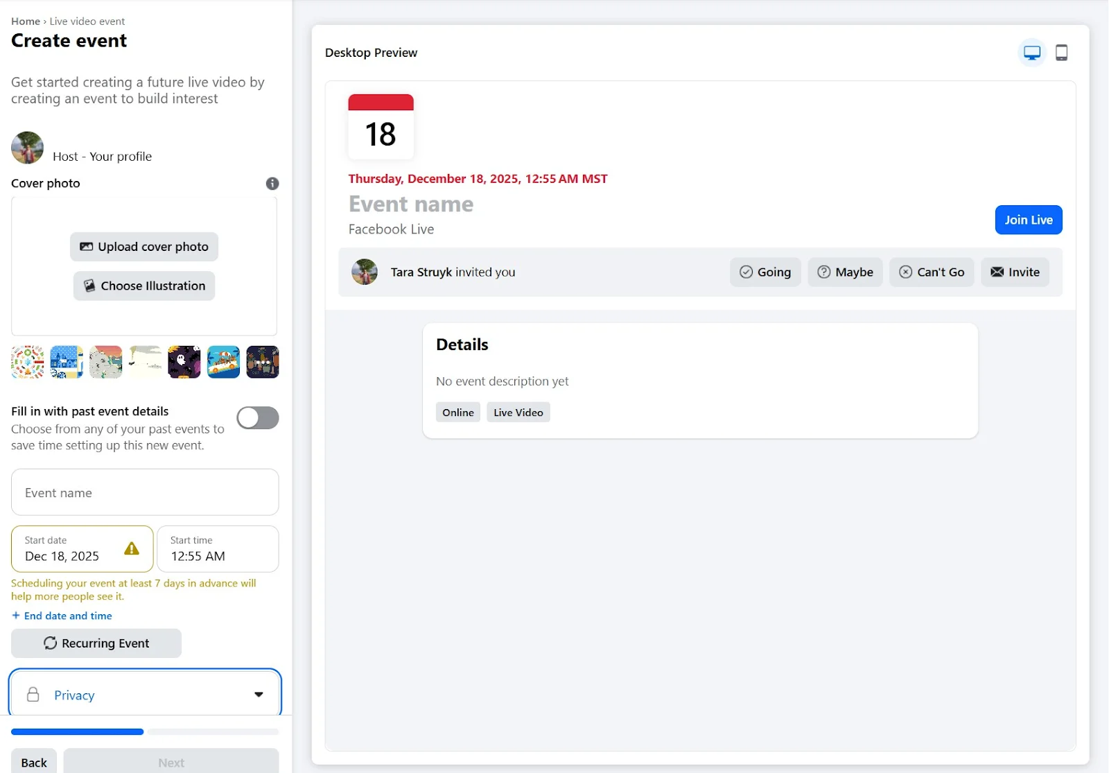 Facebook Live setting up an event