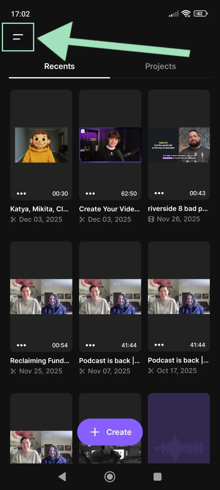 Riverside mobile app options bar