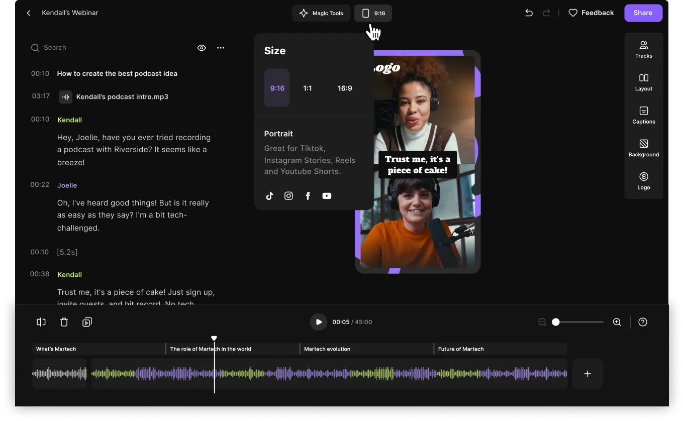 Riverside’s video editor interface showing video resizing presets