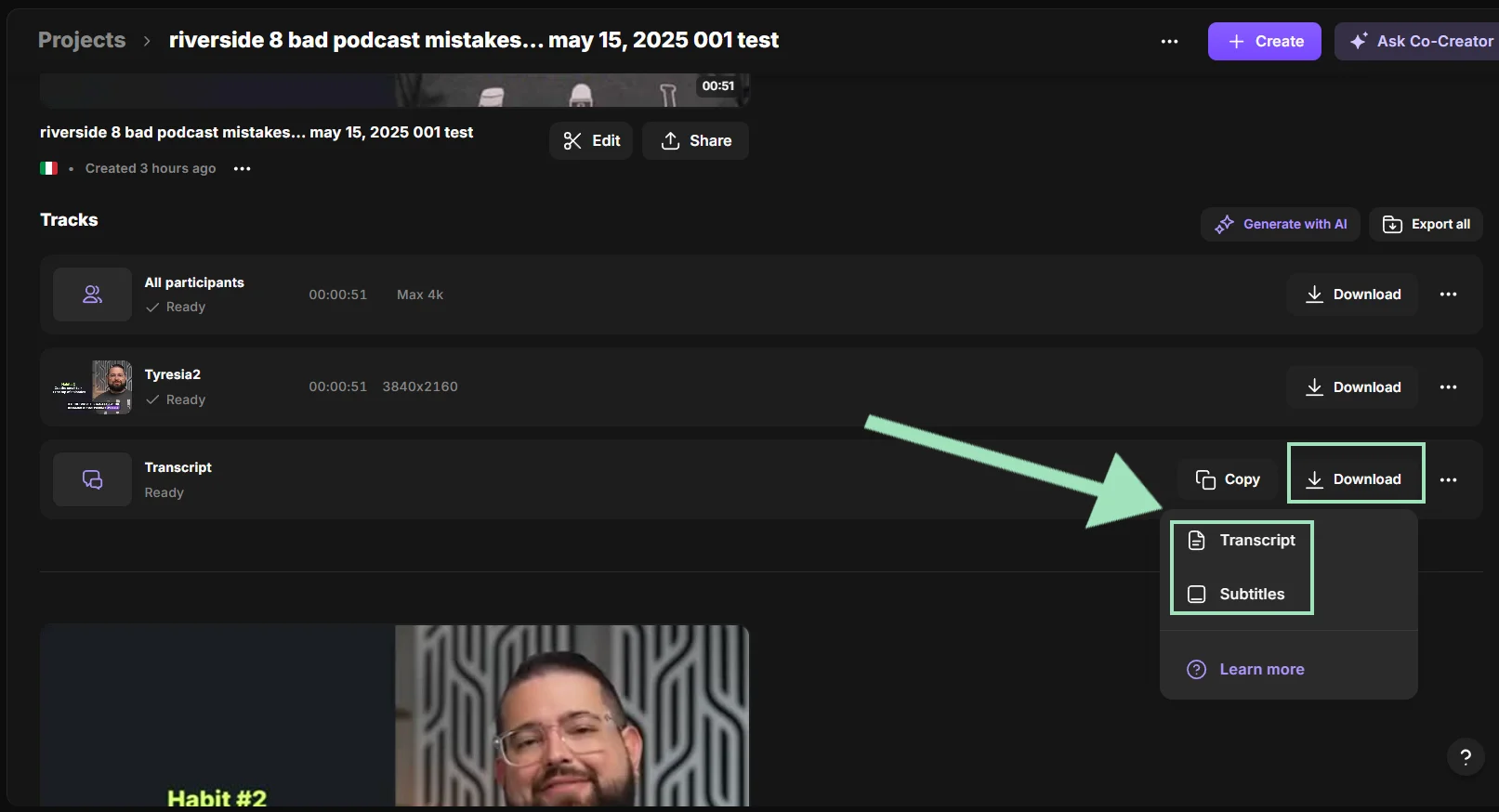 Riverside downloading the automated transcript