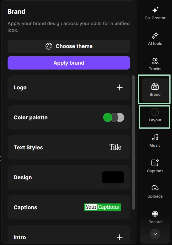 Riverside editor brand and layout options
