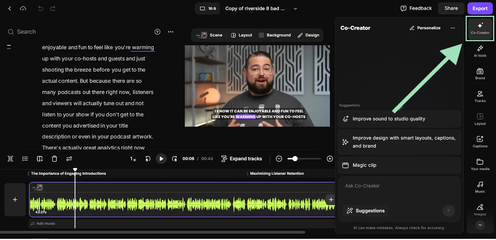 Using Co-creator chat-based editing from Riverside