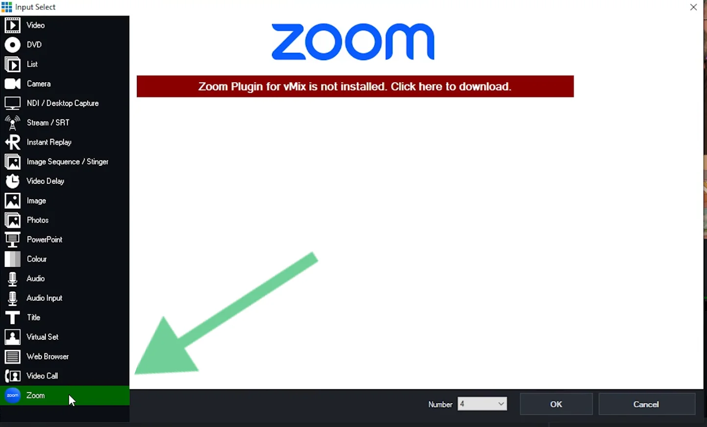 Selecting Zoom in vMix