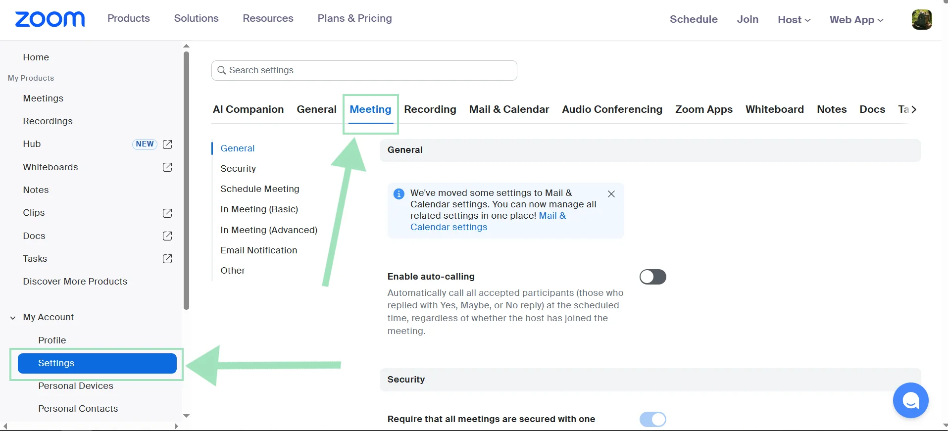 Zoom web portal Meeting settings