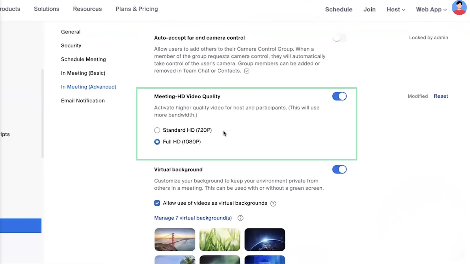 Zoom web portal selecting HD quality