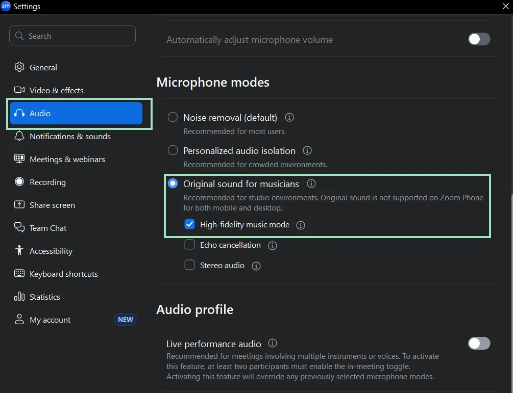 Zoom app Original sound for musicians