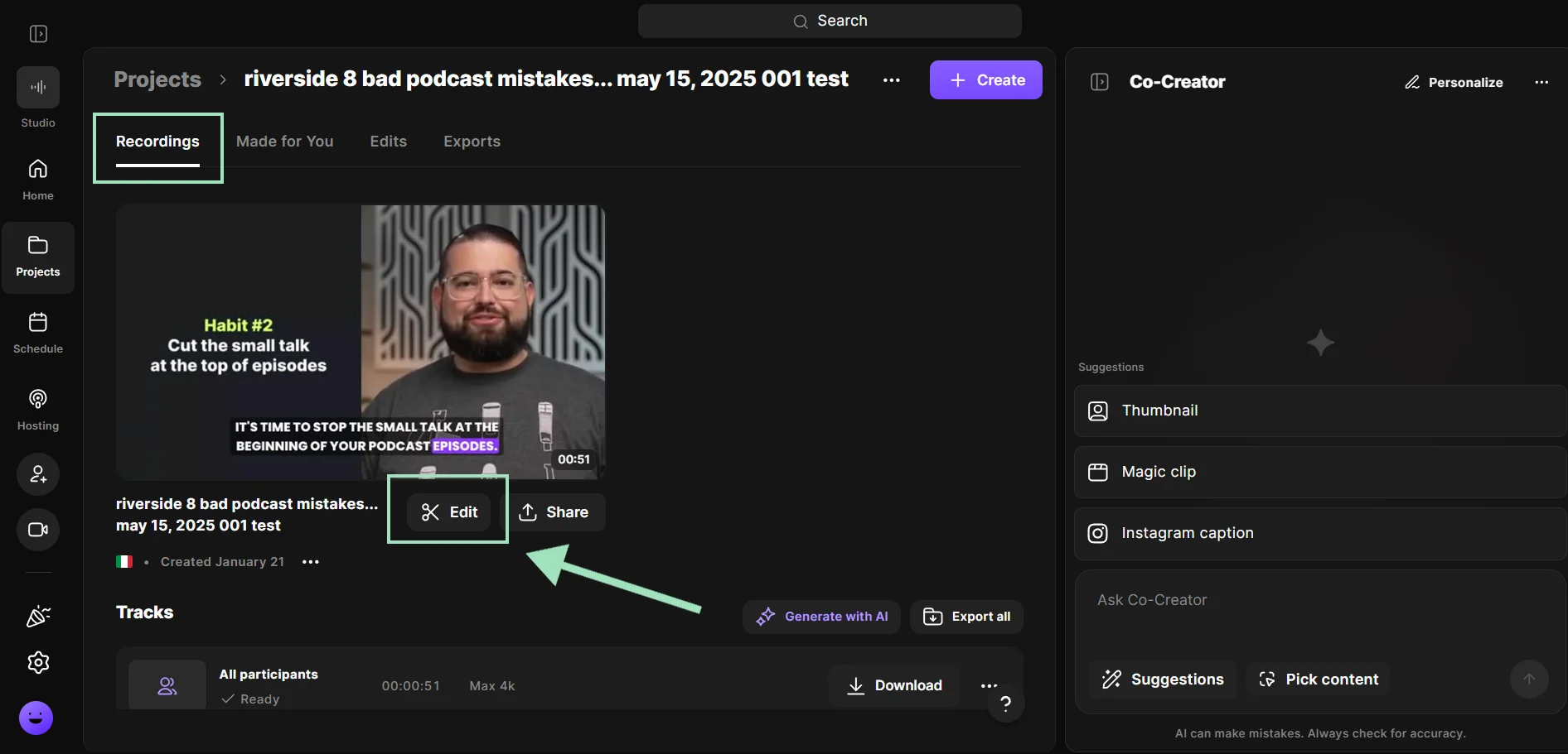 Riverside projects page opening the editor