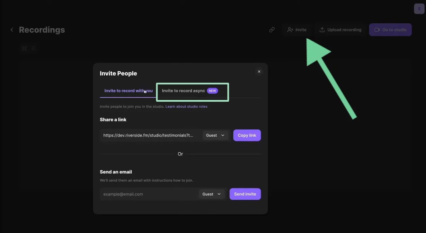 Riverside inviting a guest to an async recording session