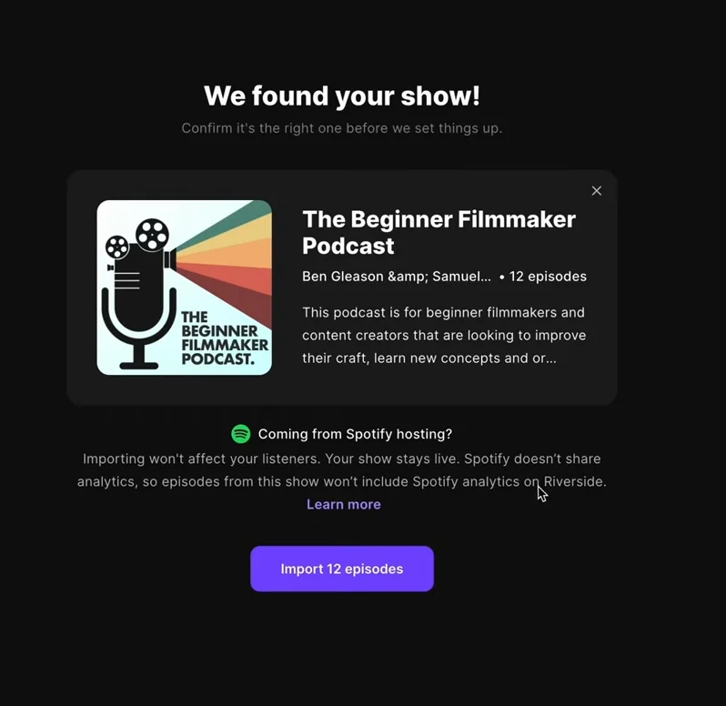 Riverside successfully importing a show from another host