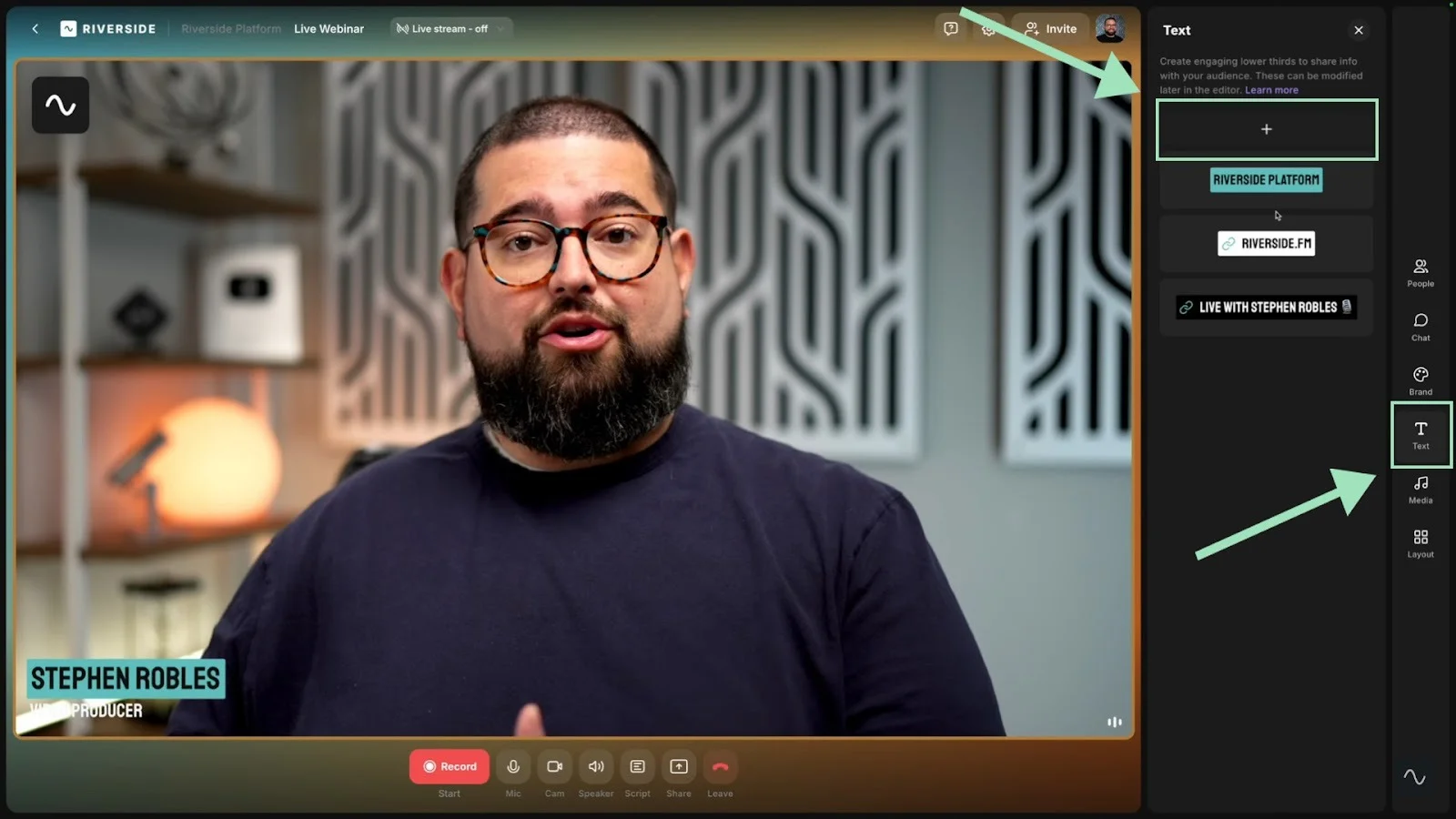 Riverside webinar adding lower thirds