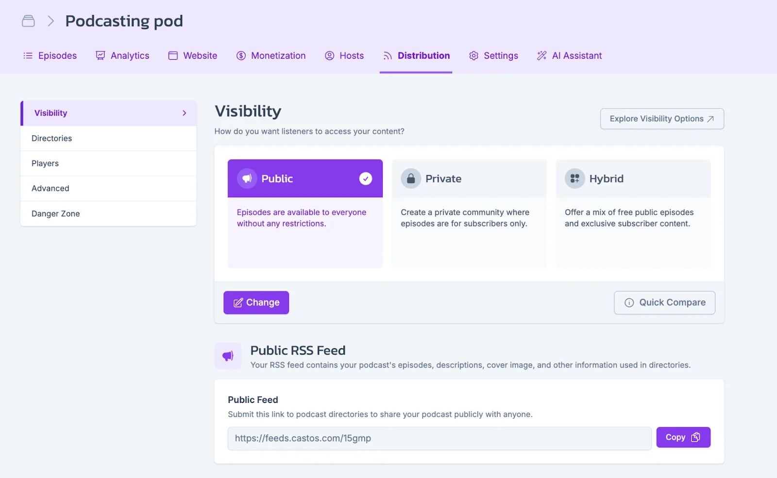 Castos podcast distribution settings
