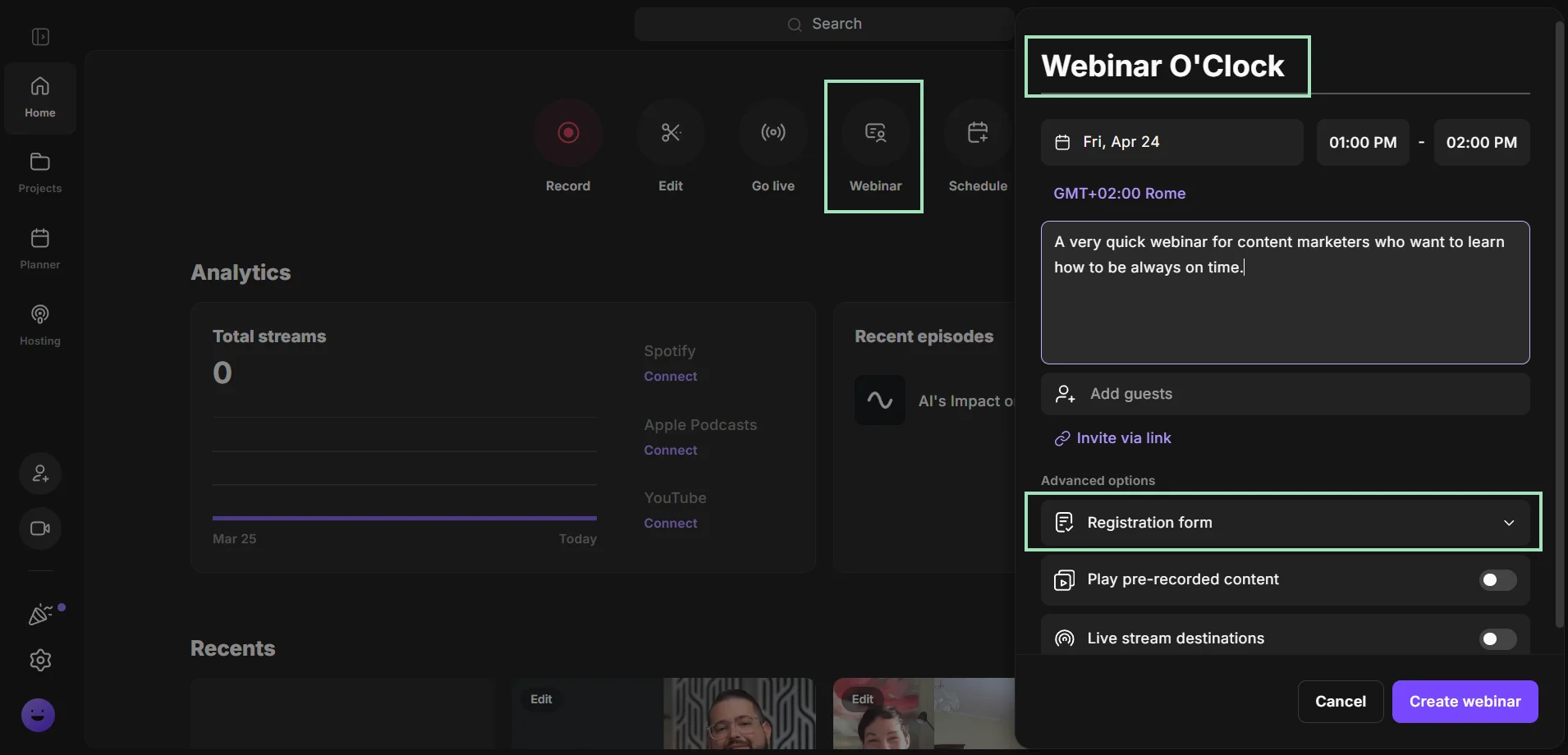 Riverside creating a new webinar