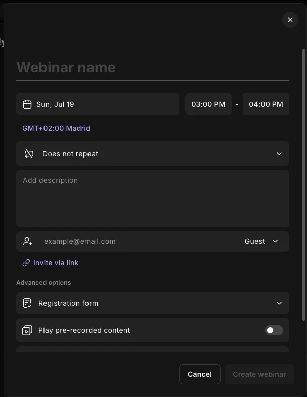 Filling your webinar's details