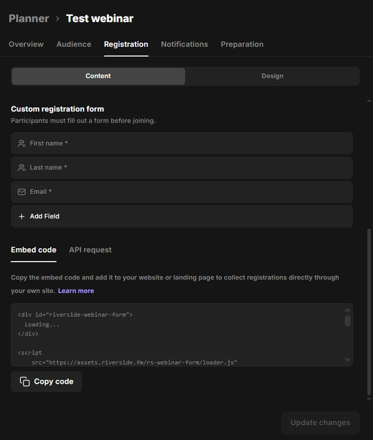 Setting up a registration form for your webinar
