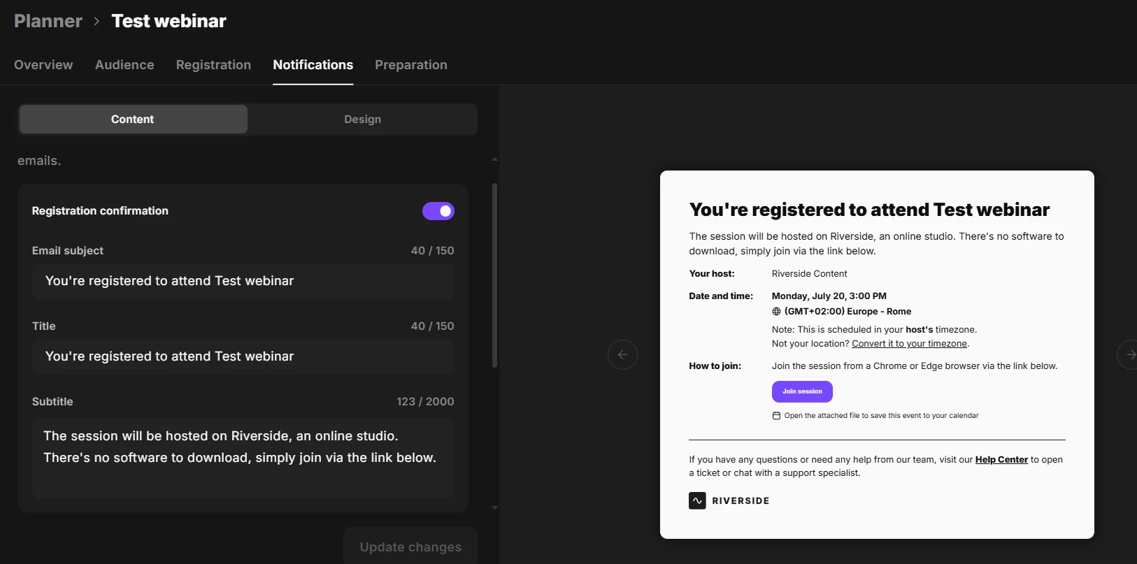 Setting up email notifications for your webinar