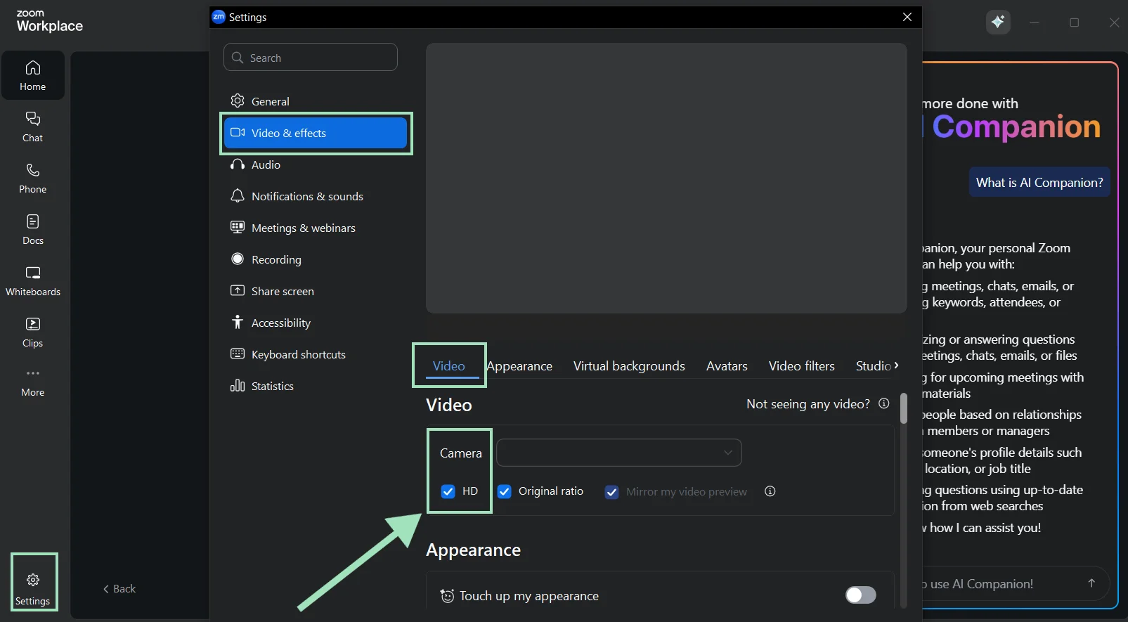 Enabling HD camera recording from Zoom