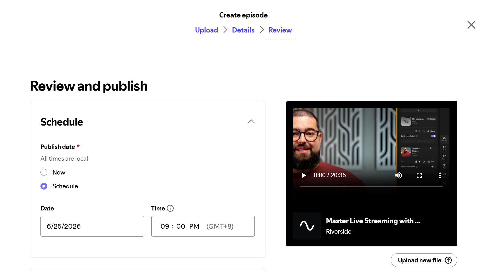 Scheduling or publishing an episode on Spotify for Creators