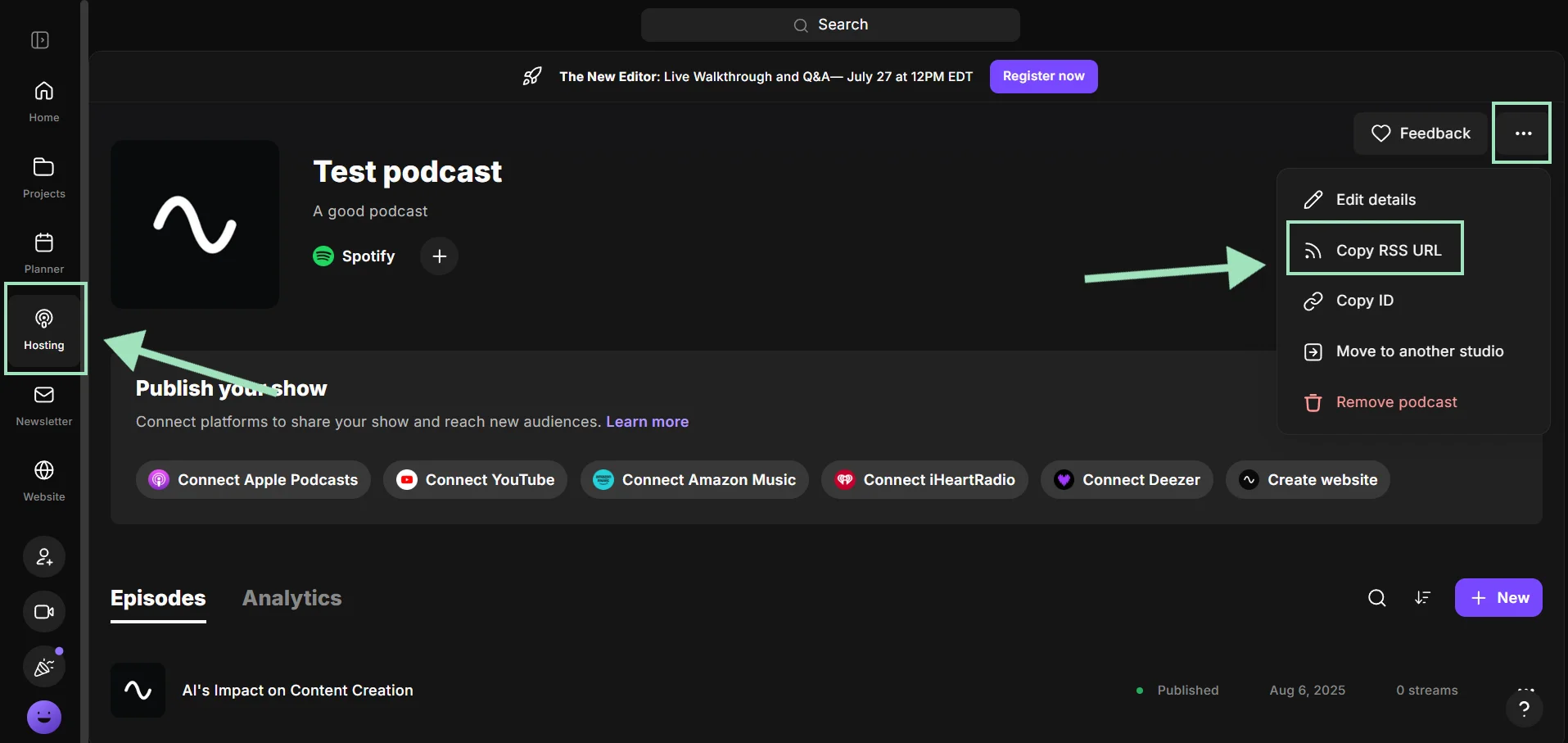 Copying your podcast's RSS URL from Riverside