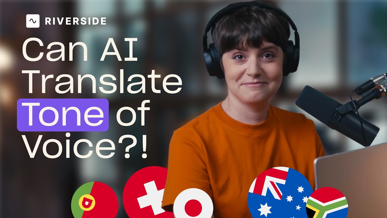 Woman sitting in front of mic with country flag visuals
