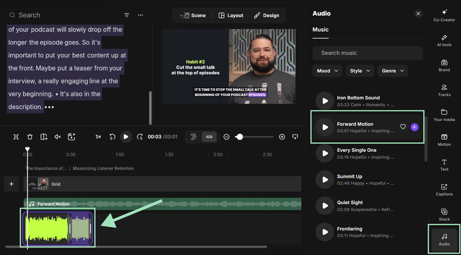 Adding podcast music on Riversides timeline editor
