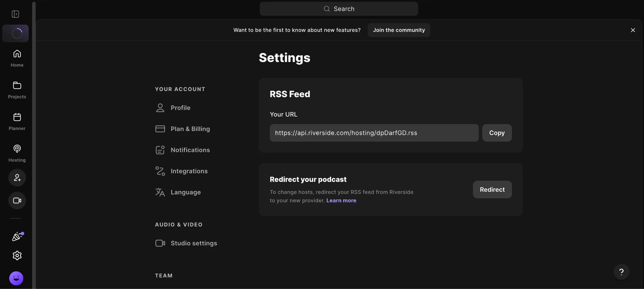 Riverside's RSS Feed settings page showing the RSS feed URL and a built-in podcast redirect option