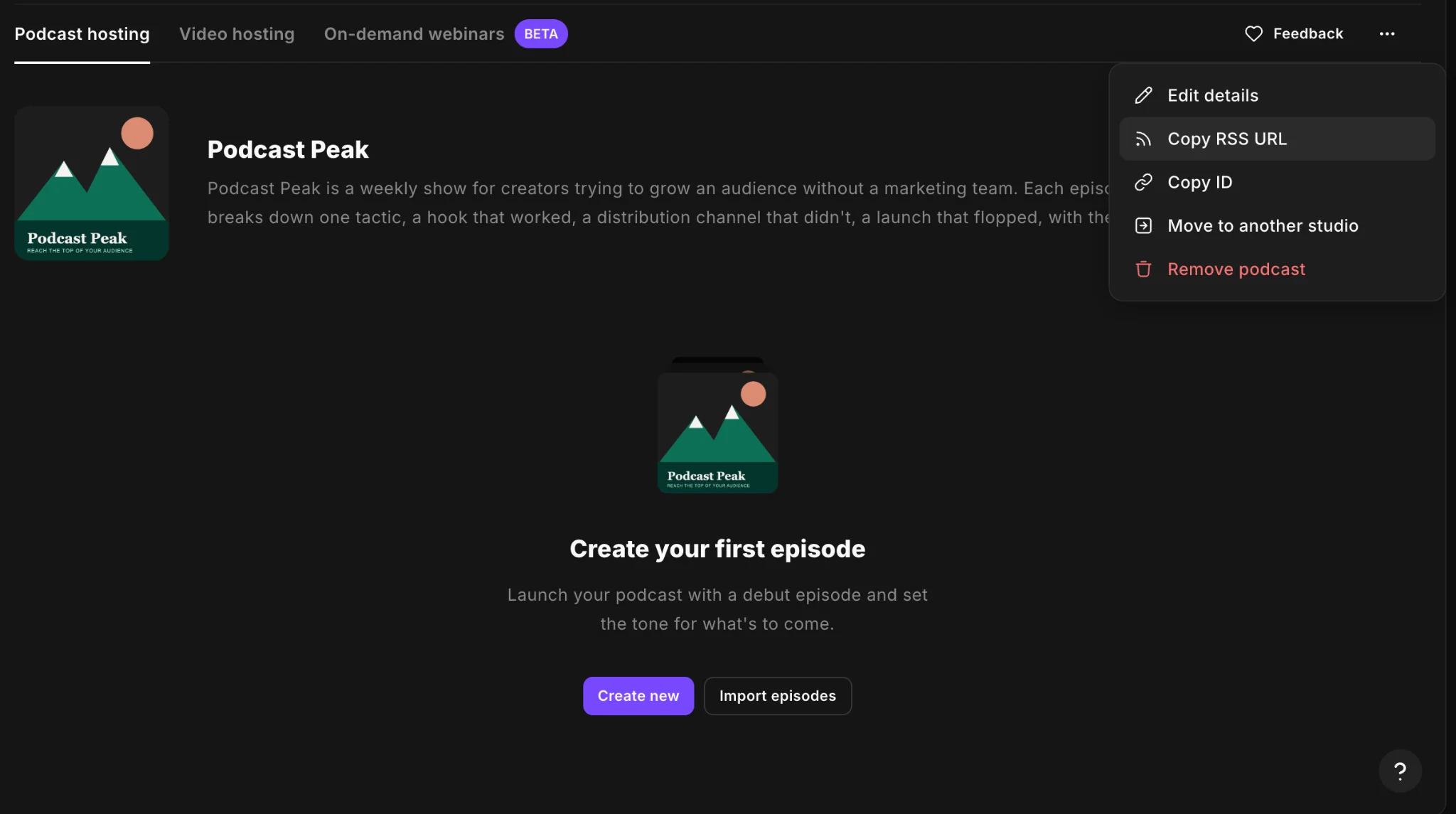 Riverside's Hosting dashboard showing the option to copy a podcast RSS URL from the show menu
