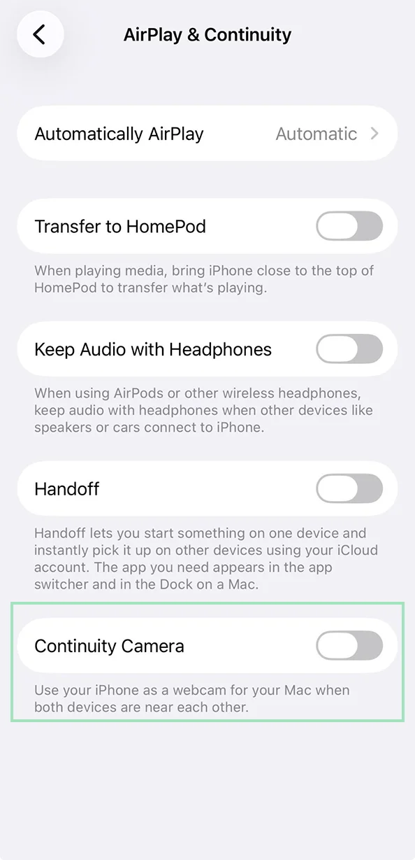 Enabling Continuity Camera on iPhone