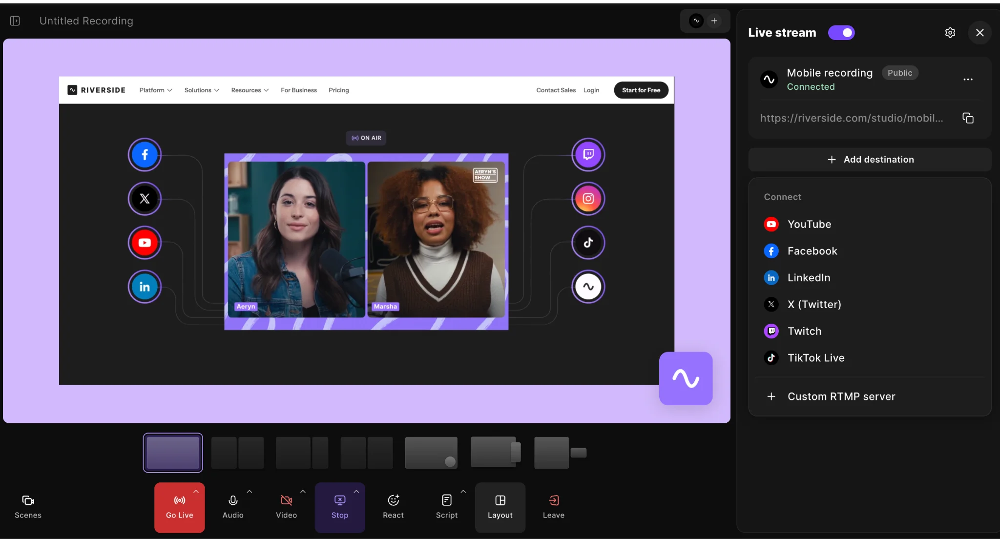Connecting to social platforms on Riverside during a livestream
