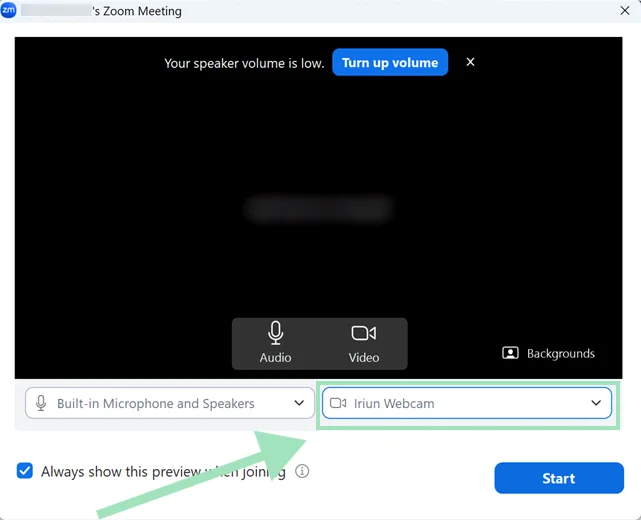 Selecting Iriun webcam on Zoom