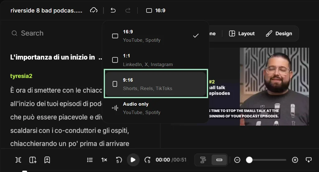 Changing aspect ratio for YouTube Shorts on Riverside