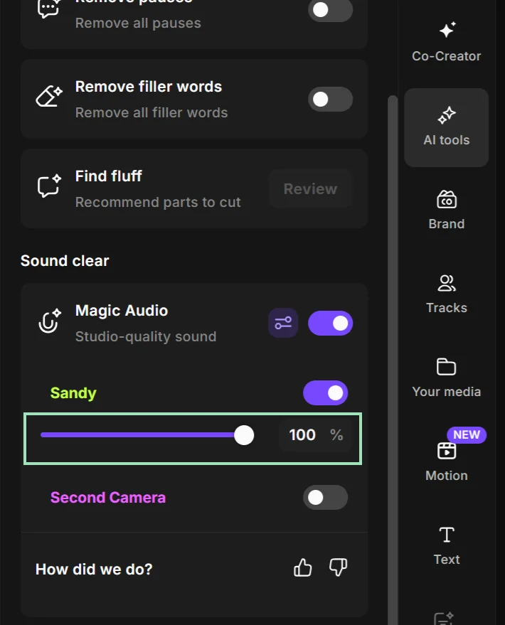 Adjusting each speaker's volume with Riverside's AI tools