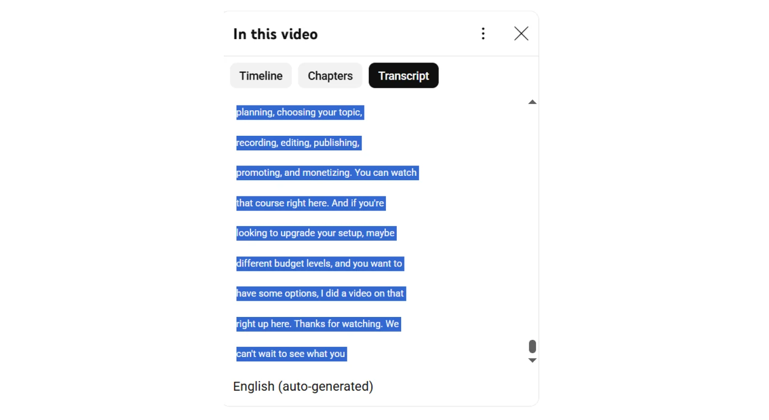 Copying a YouTube automatic transcript