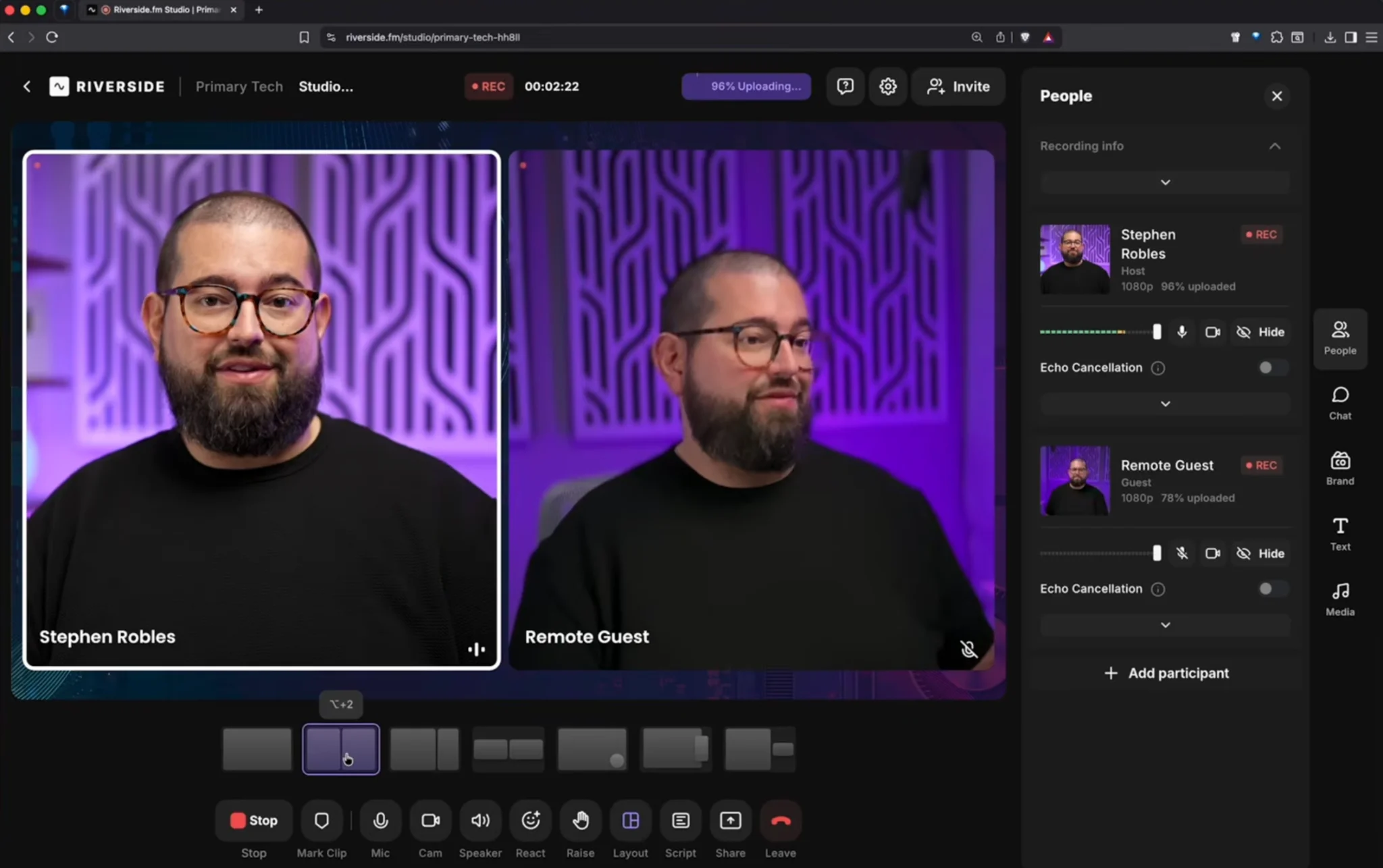 Making a split-screen in Riverside while recording