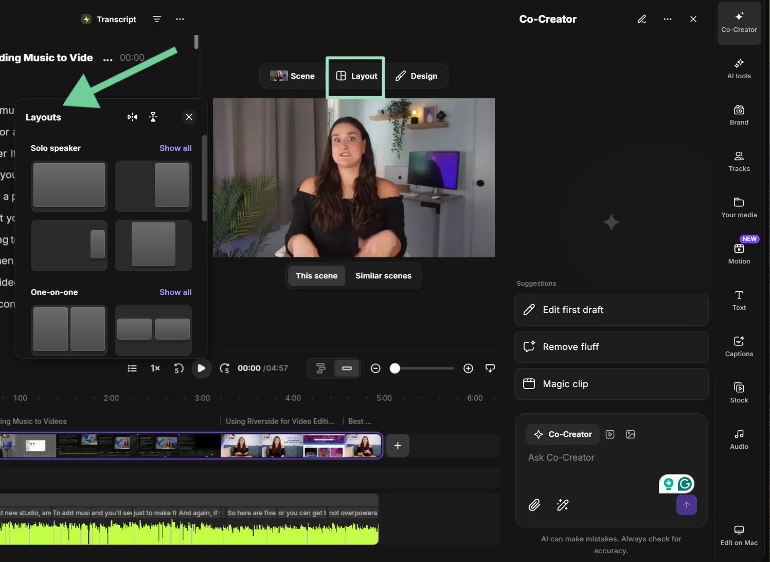 Selecting layouts inside Riverside's editor