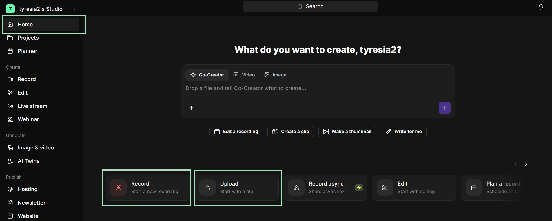 Uploading a video or recording it on Riverside