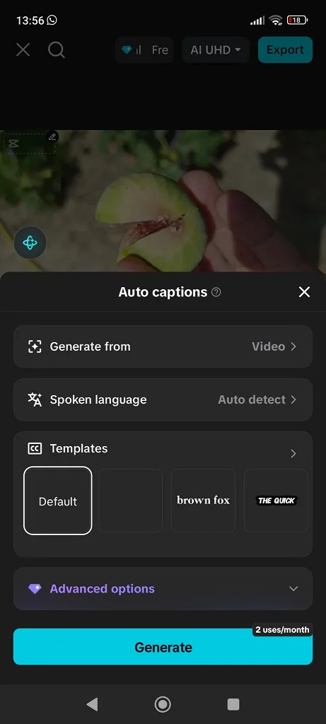 Selecting captioning language on CapCut