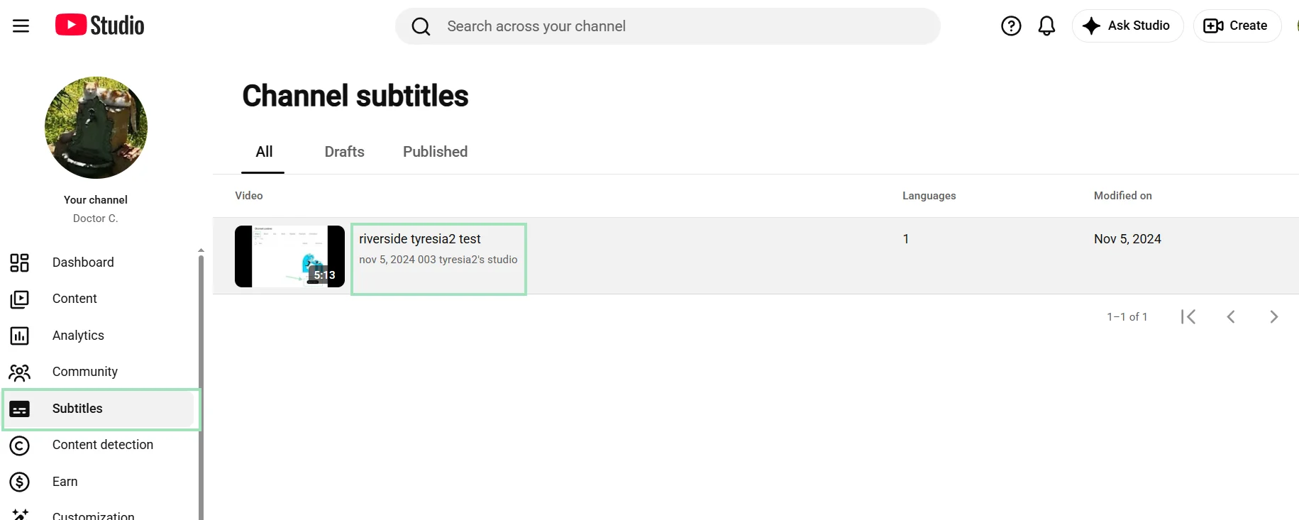 Selecting a video tu sub on YouTube Studio