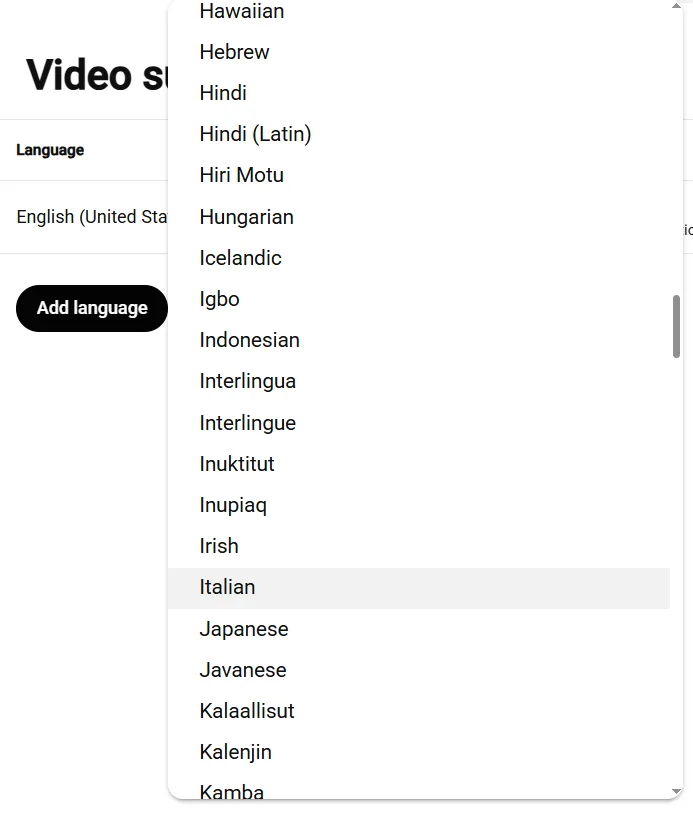 Choosing subs language in YouTube Studio