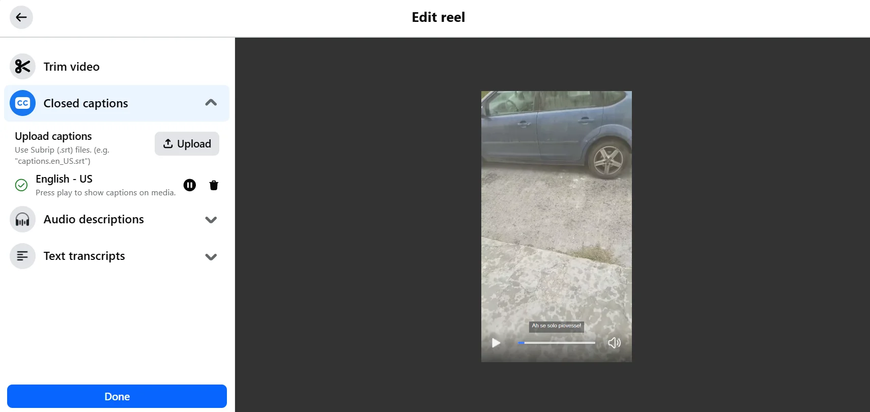 Uploading a SRT file on Facebook