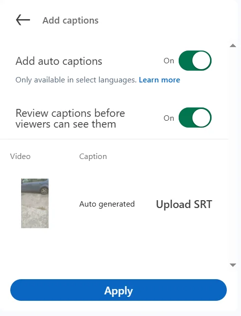 Adding subtitles and captions on a LinkedIn video