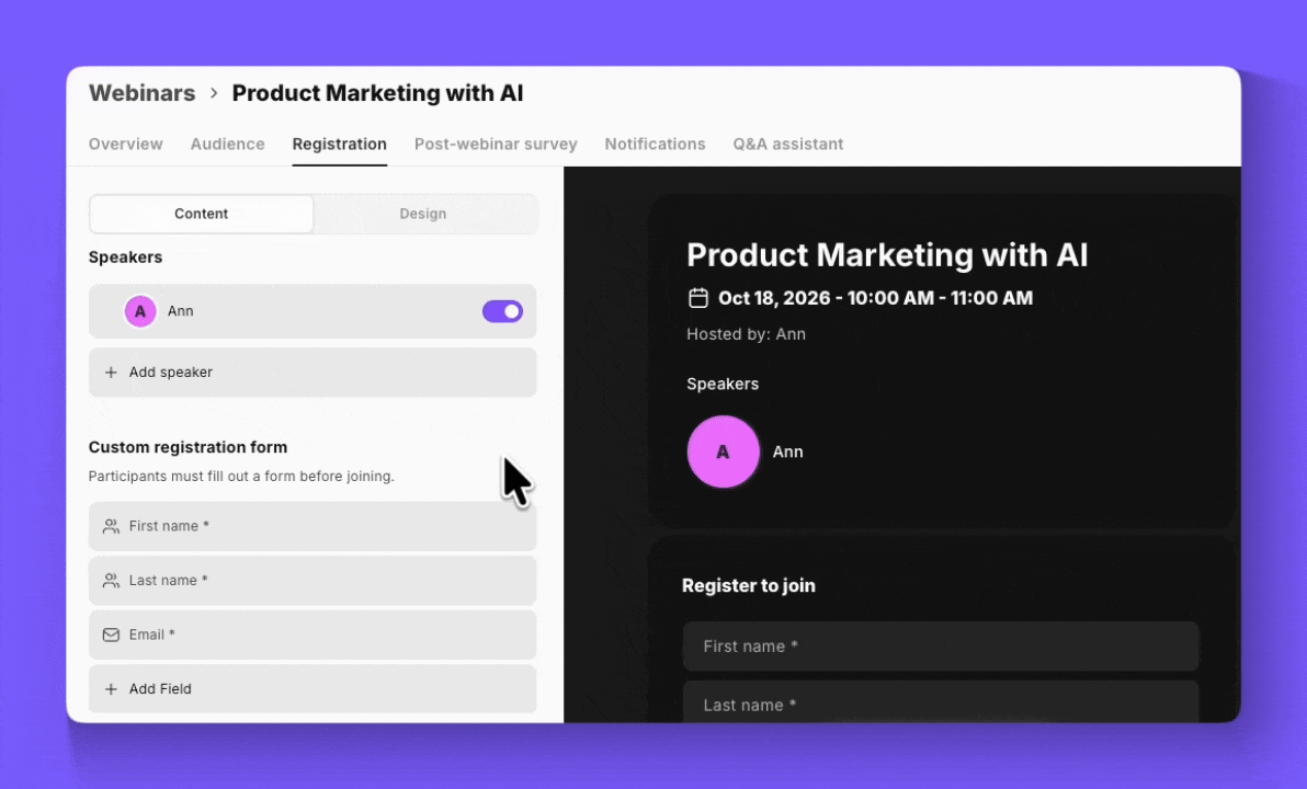 Speaker profiles on webinar registration pages