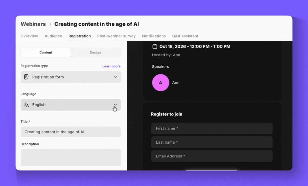 Webinar registration and emails in your audience's language