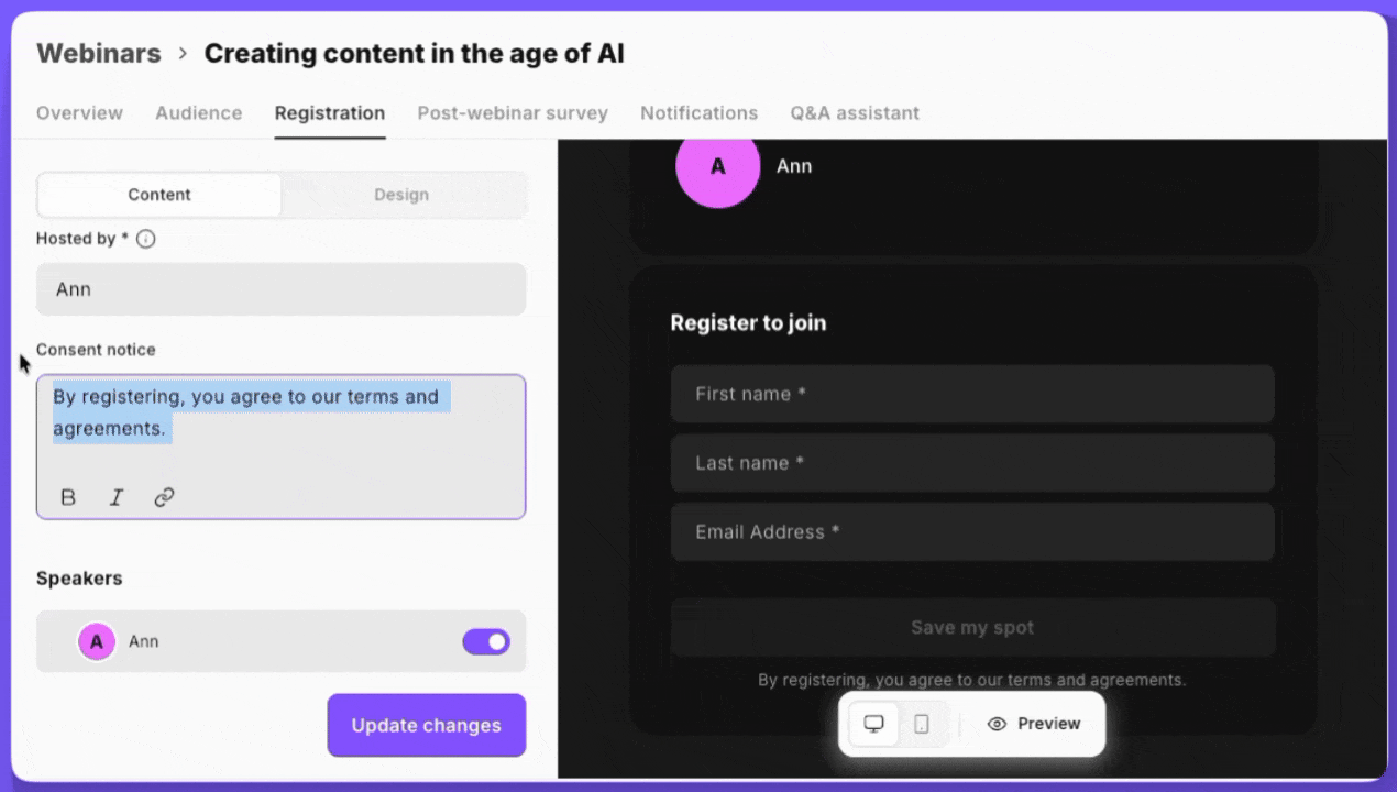 Custom consent notice on registration forms