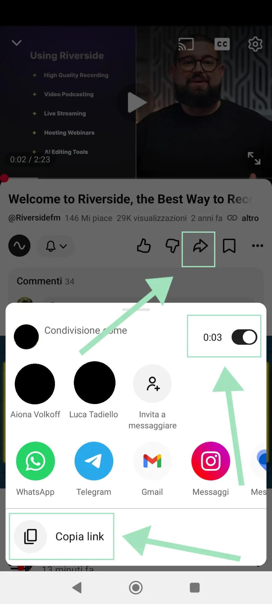 Sharing a timestamped link on YouTube mobile