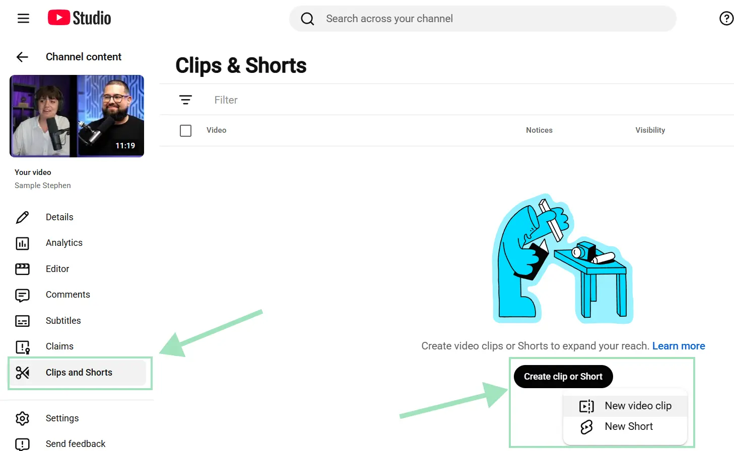 YouTube Studio Clips & Shorts tab