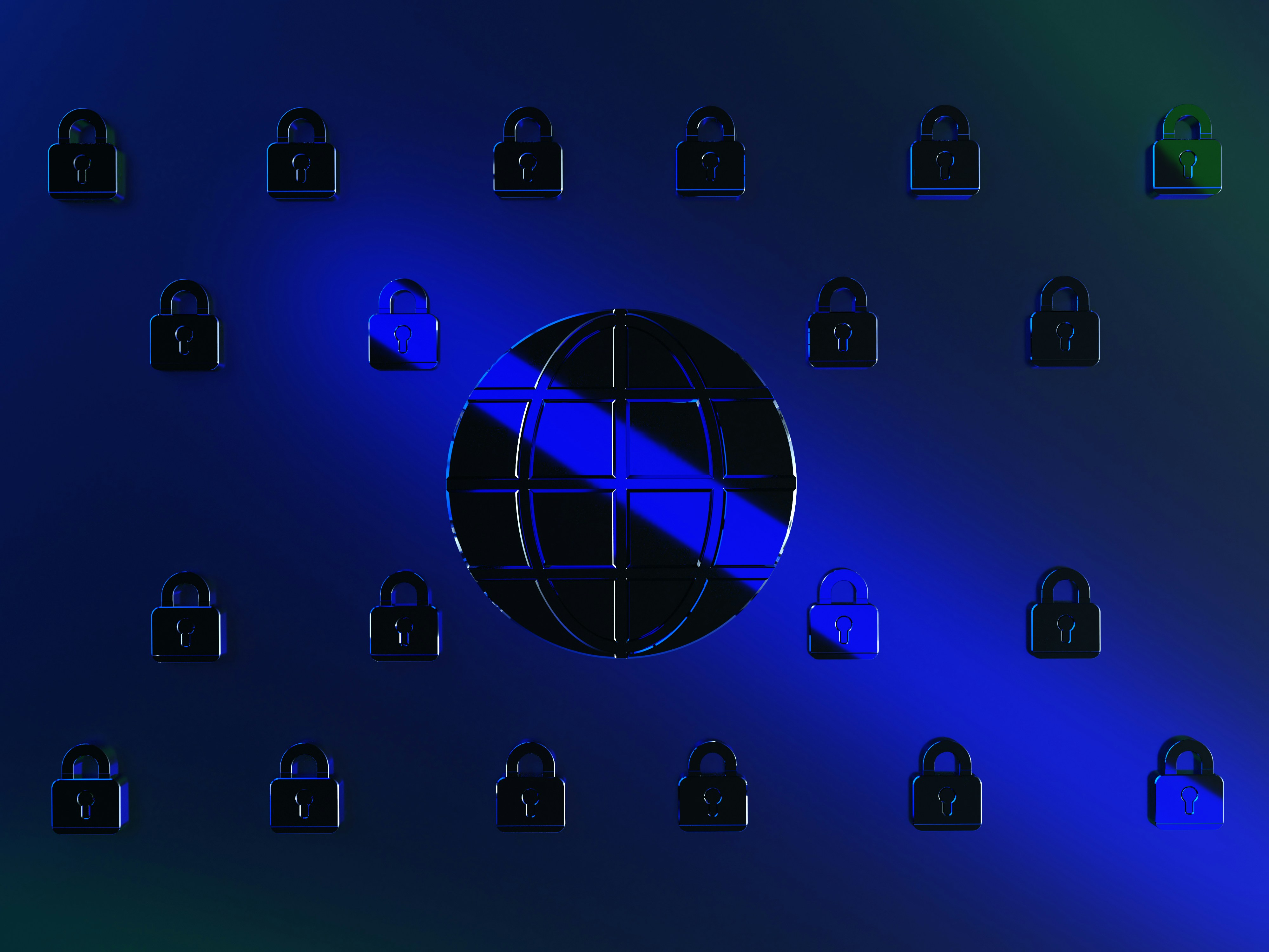 Global cybersecurity concept with locked padlocks and illuminated globe